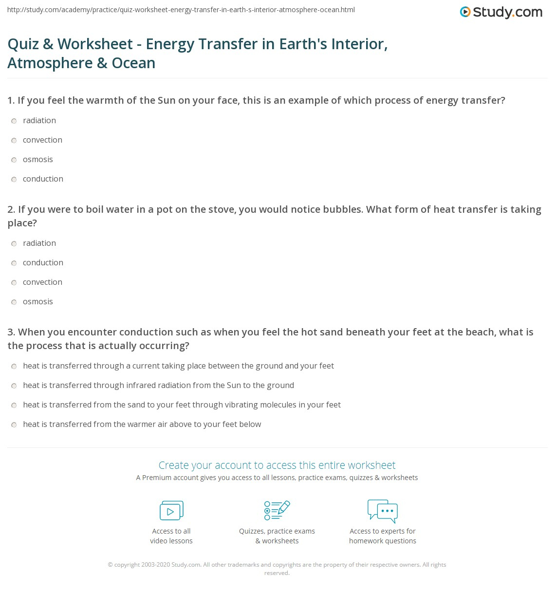 Quiz Worksheet Energy Transfer In Earth s Interior Atmosphere 