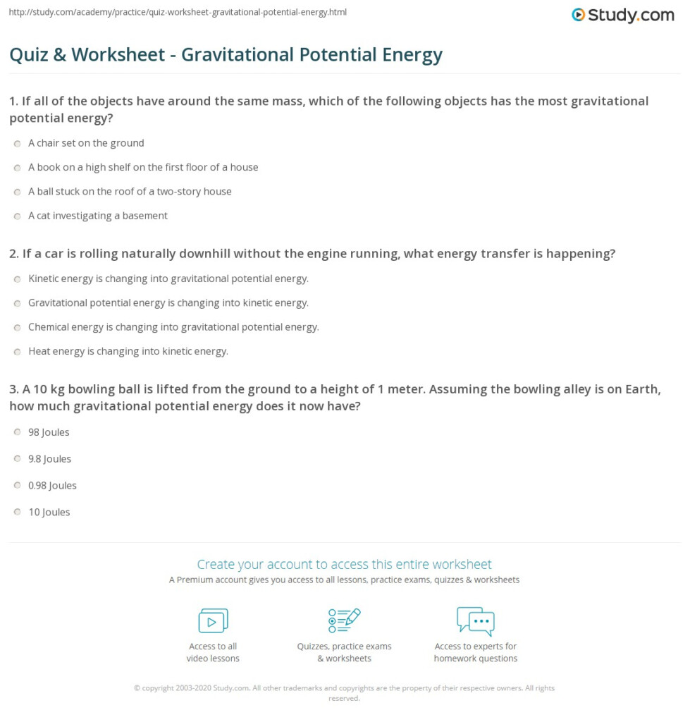 Quiz Worksheet Gravitational Potential Energy Study