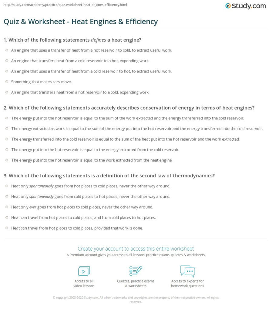 Quiz Worksheet Heat Engines Efficiency Study