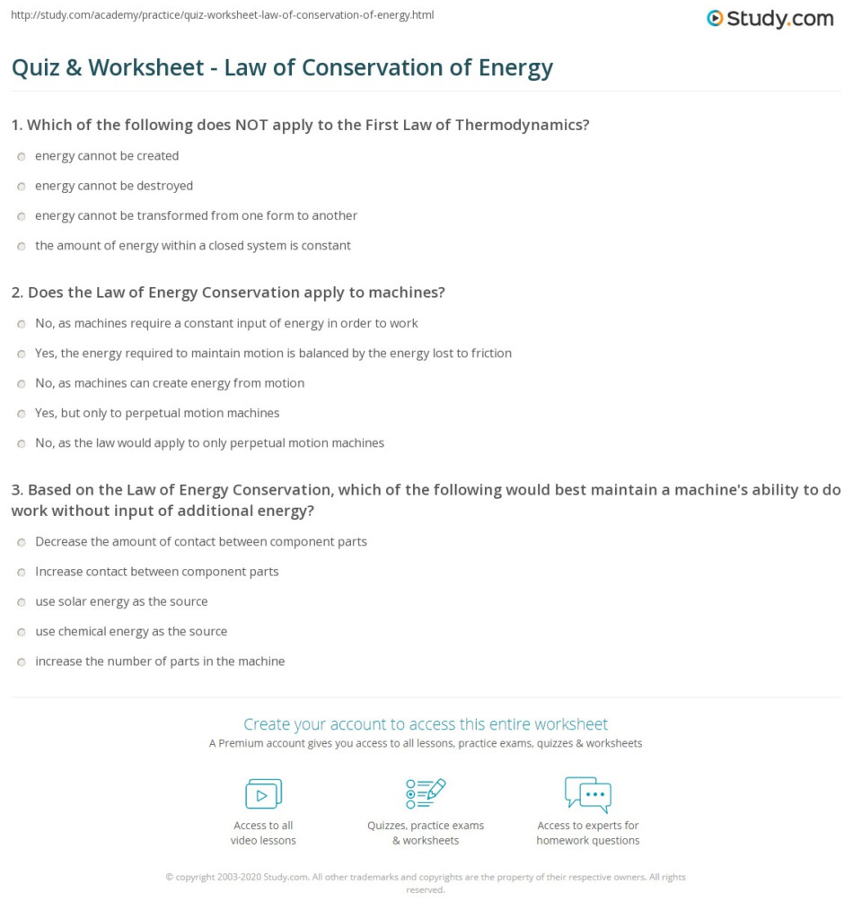 Quiz Worksheet Law Of Conservation Of Energy Study