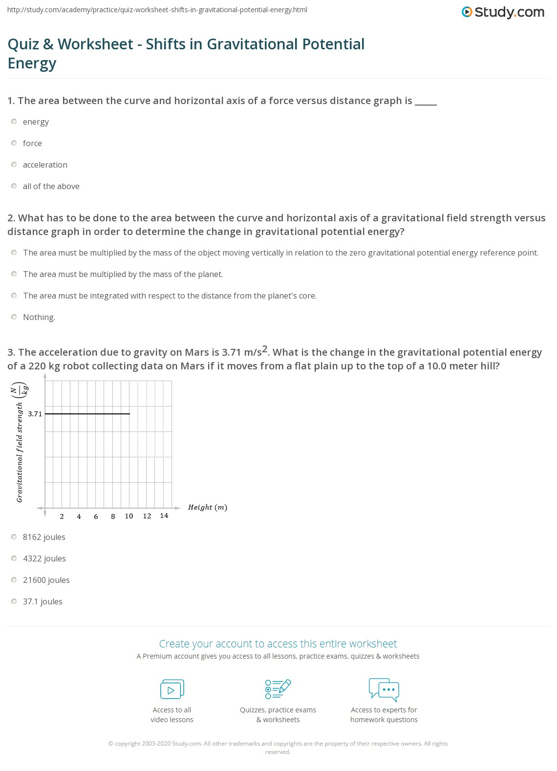 Quiz Worksheet Shifts In Gravitational Potential Energy Study