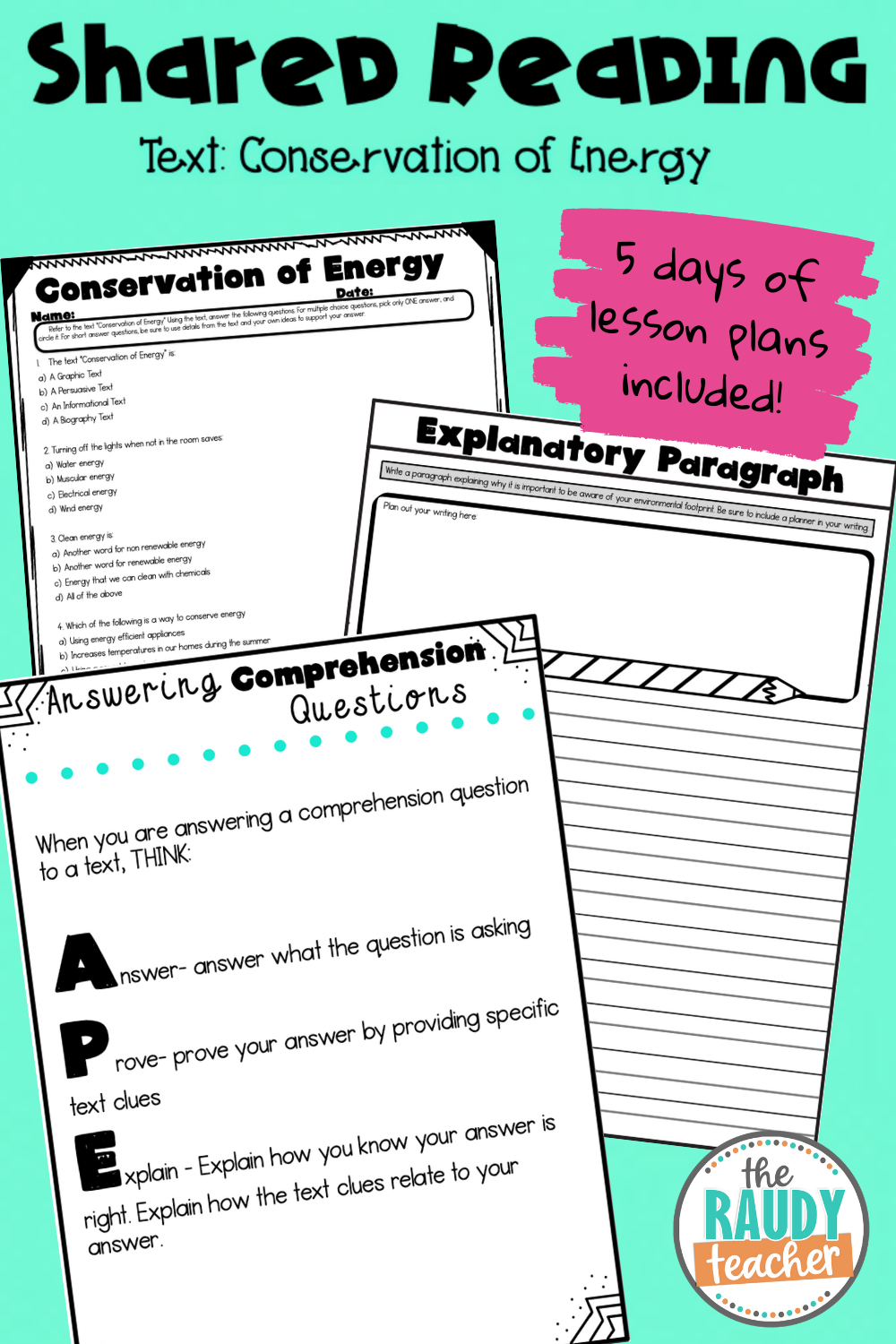 Shared Reading Text And Lessons CONSERVATION OF ENERGY Grade 5 And 6 