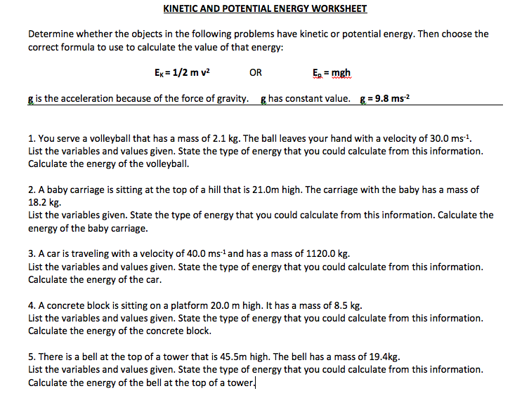 Skills Worksheet Math Skills Gravitational Potential Energy Answers