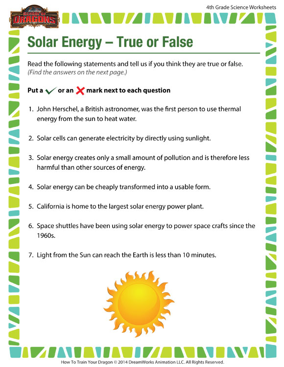 Solar Energy True Or False View 4th Grade Worksheet SoD