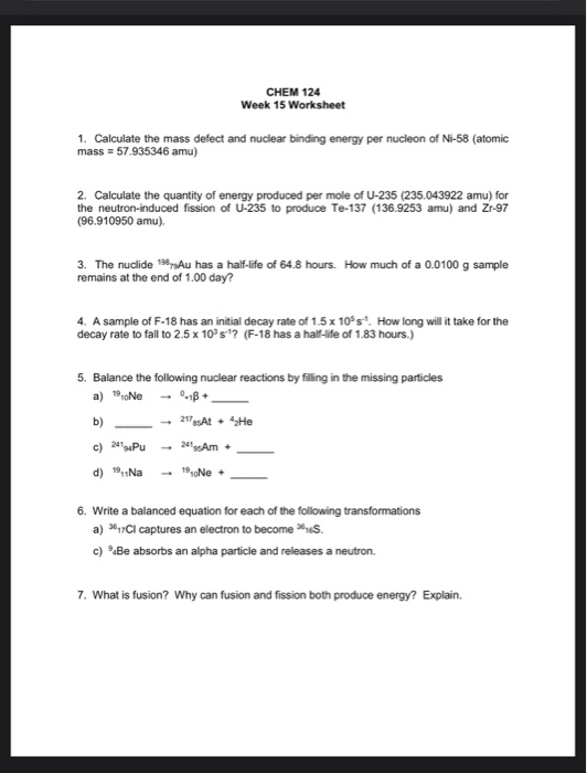 Solved CHEM 124 Week 15 Worksheet 1 Calculate The Mass D Chegg
