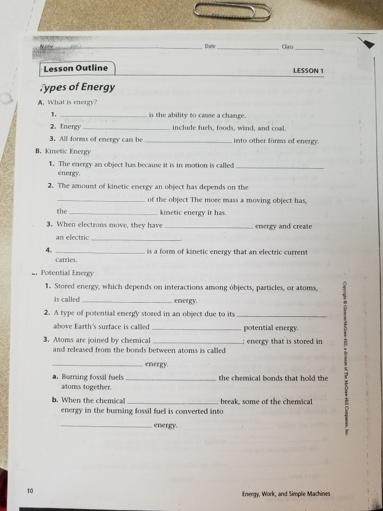 Solved Date Class Lesson Outline LESSON 1 Ypes Of Energy Chegg