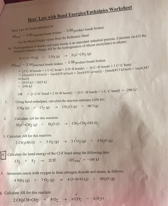 Solved Hess Law With Bond Energies Enthalpies Worksheet Chegg