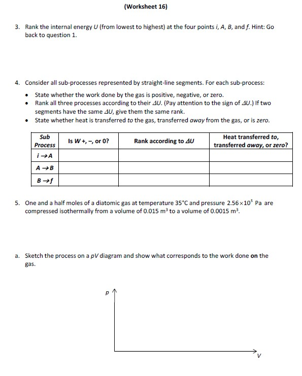 Solved Worksheet 16 First Law Thermodynamic Processes F Chegg