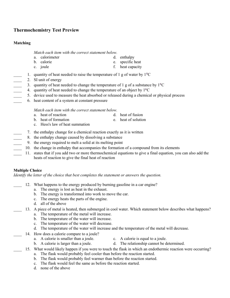 Thermochemistry Test Preview With Answer Key