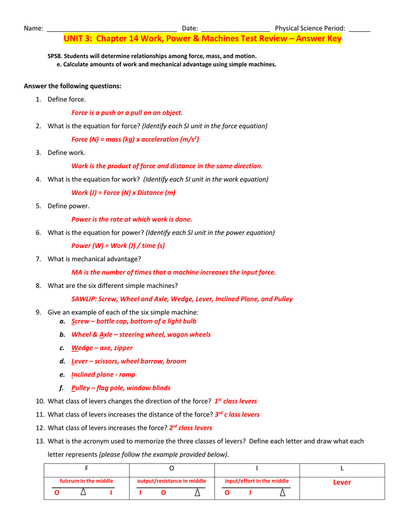 UNIT 3 Chapter 14 Work Power Machines Test Review Answer