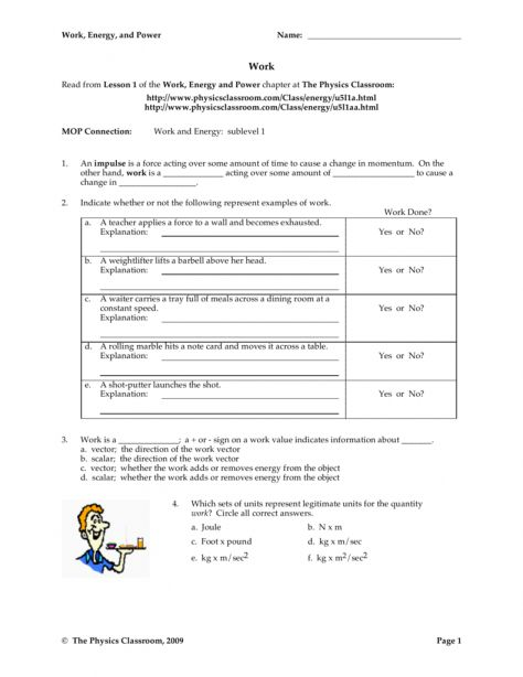Work And Energy Physics Worksheet Answers And Work Energy And Power