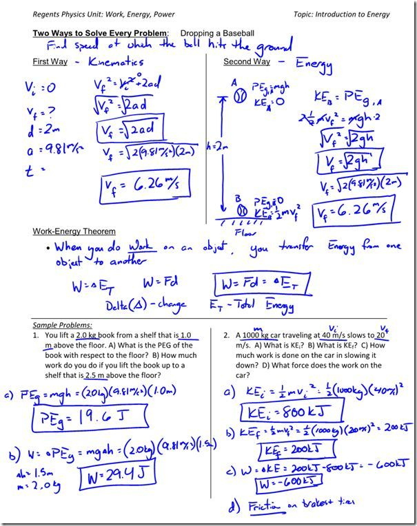 Work Energy And Power Worksheet Answer Key Work Energy And Power