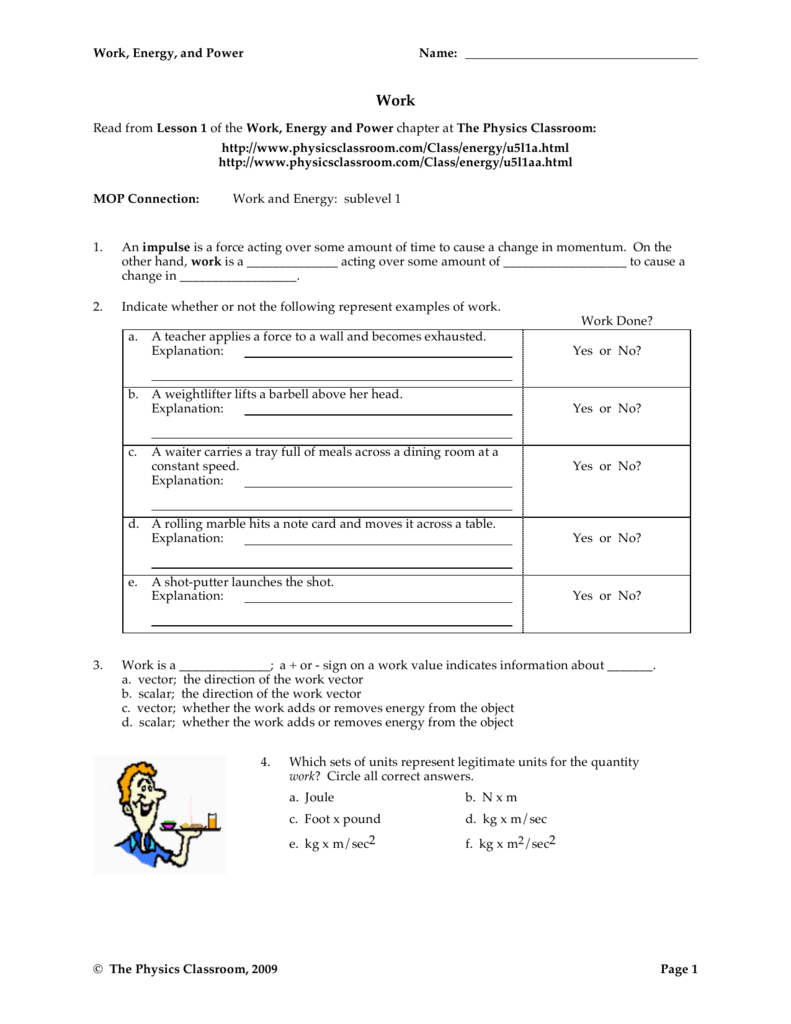 Work Energy And Power Worksheet Answers Physics Classroom Db excel