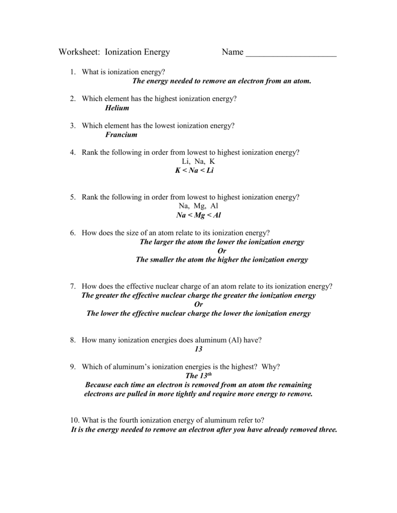 Worksheet Ionization Energy