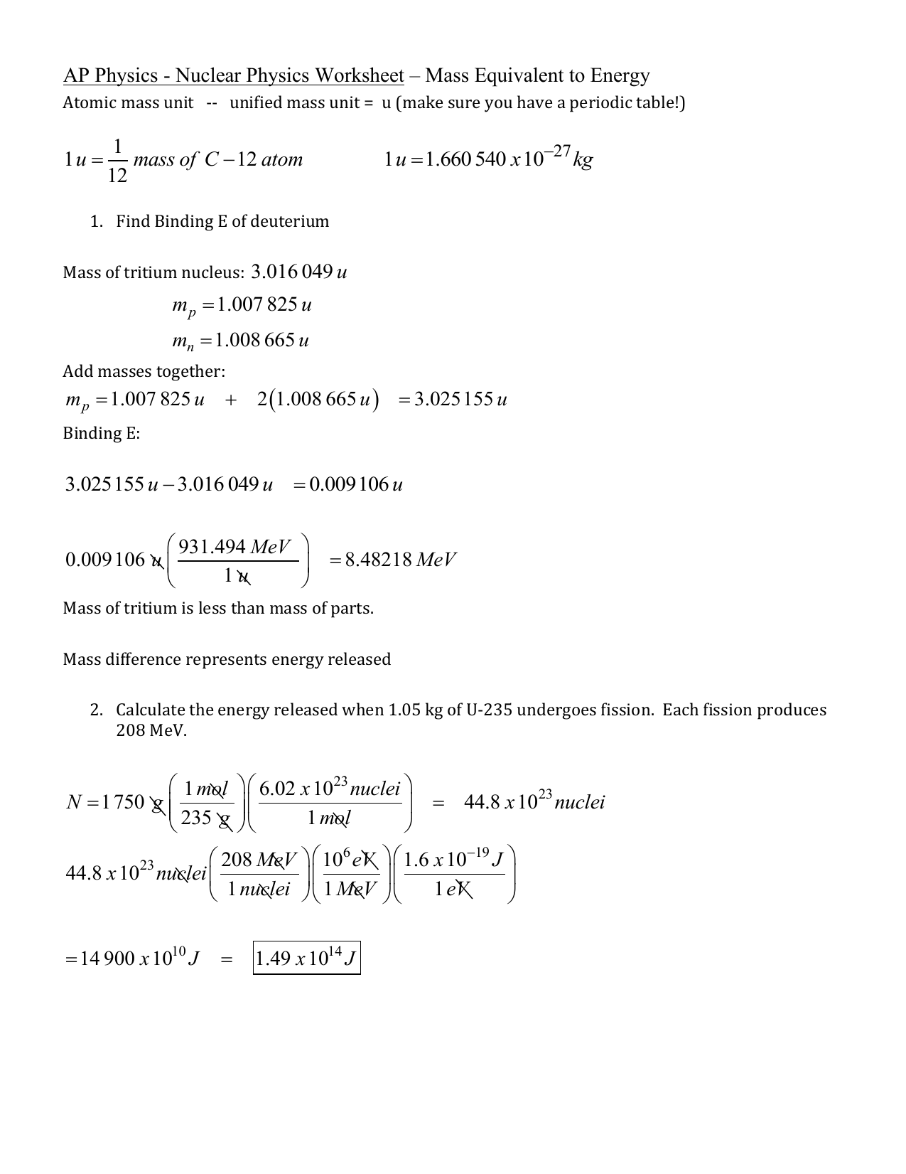 Worksheet Mass Equivalence Of Energy KEY