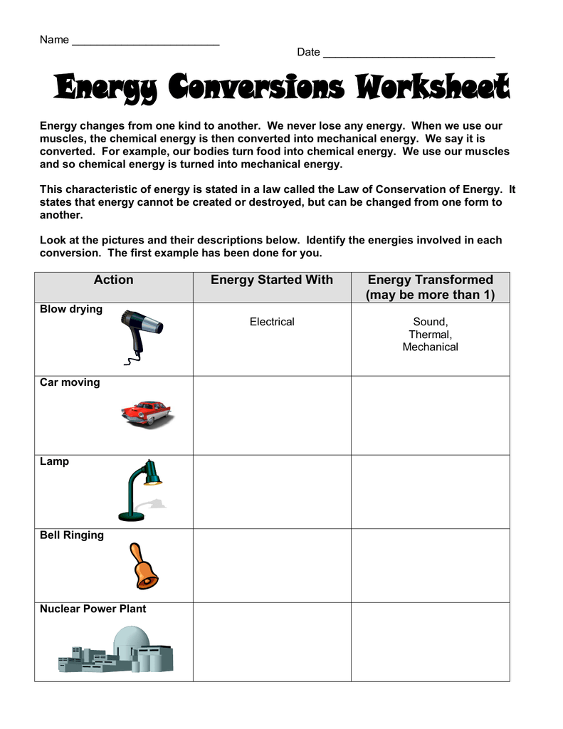 Worksheet On Energy Transformation Google Search Energy 