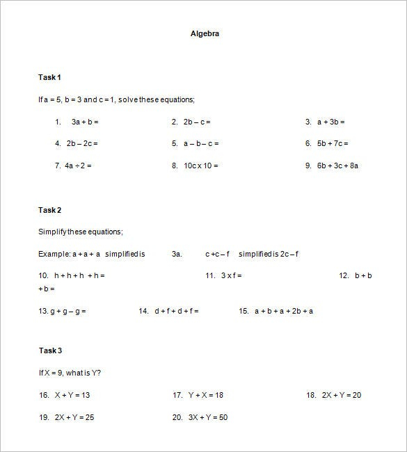 13 Simple Algebra Worksheet Templates Word PDF Free Premium 
