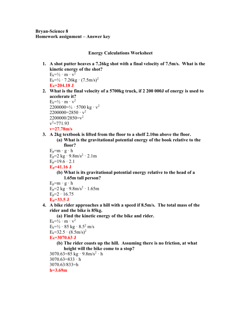31 Kinetic And Potential Energy Calculations Worksheet Answers