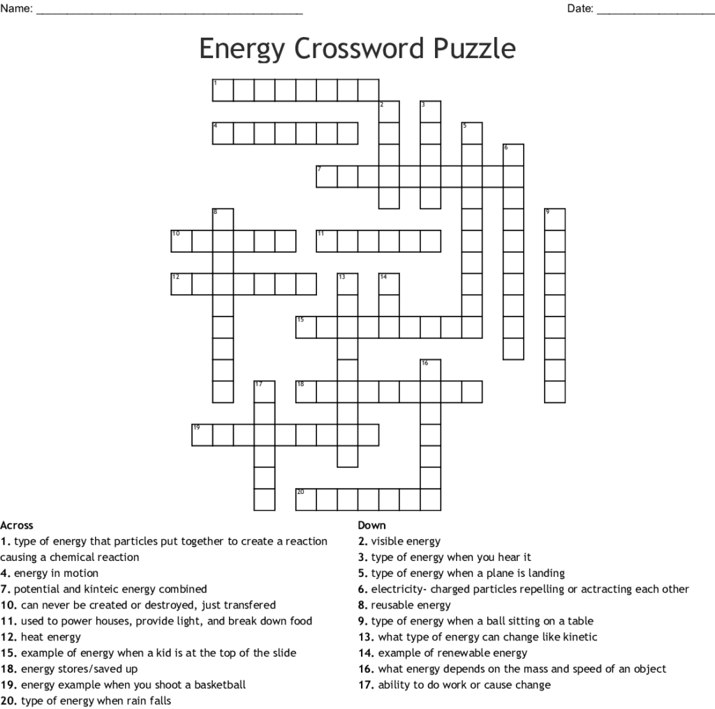 A 20 Question Printable Energy Crossword Puzzle With Answer Key Modify 