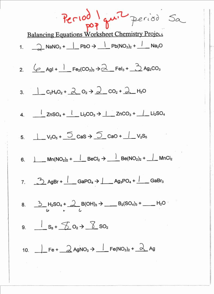 Balancing Chemical Equations Practice Worksheet Answer Key My PDF 