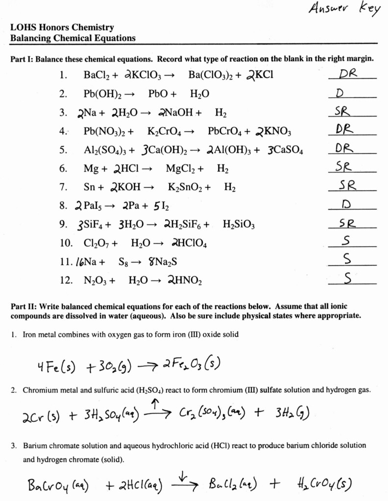 Balancing Chemical Equations Worksheet With Answers Grade 10