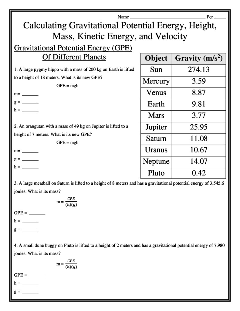 Calculating Potential Energy Worksheet