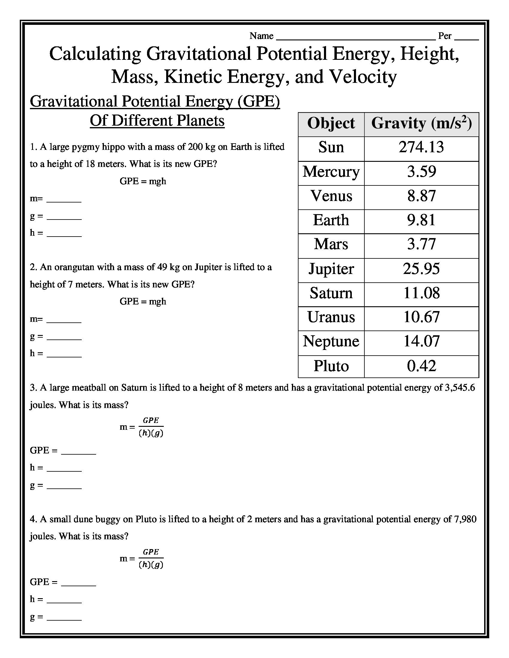 Calculating Potential Energy Worksheet