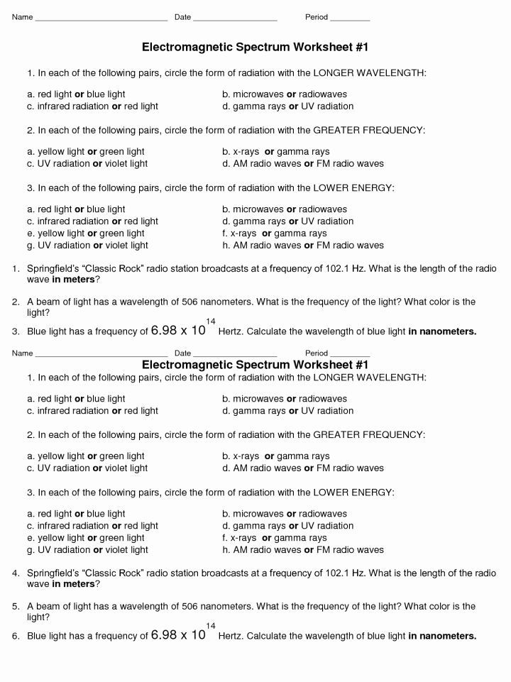 Calculating Wavelength Frequency And Energy Worksheet Printable