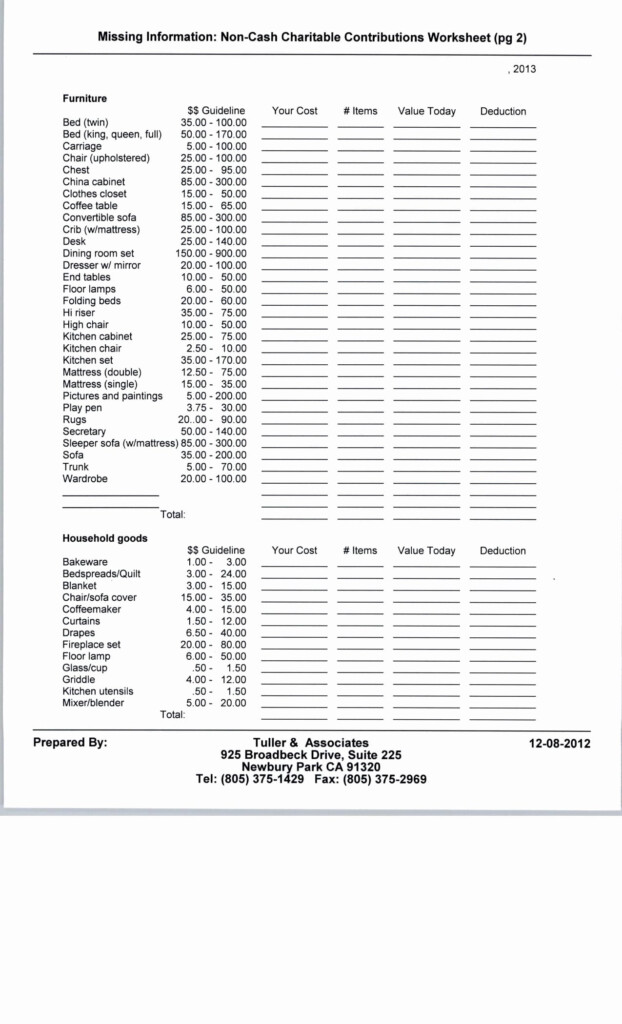 Charitable Donation Itemization Worksheet Db excel