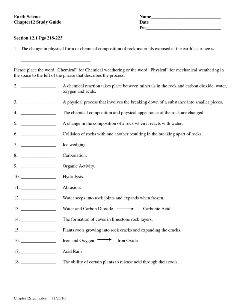 Chemical And Mechanical Weathering Worksheets