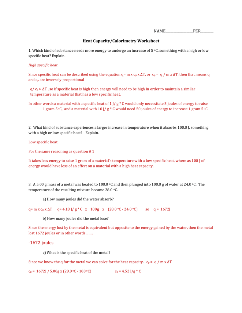 Chemistry Specific Heat Worksheet Answers Ivuyteq