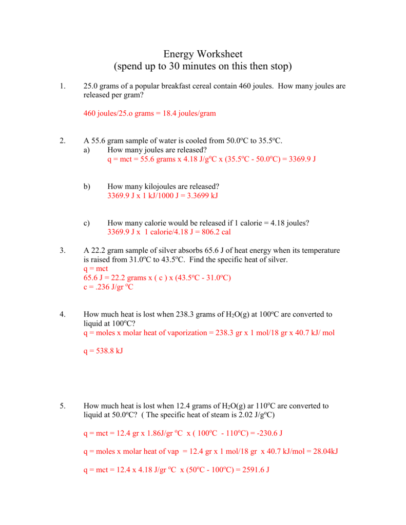 Chemistry Specific Heat Worksheet Answers Promotiontablecovers