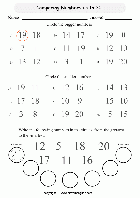 Compare Numbers Up To 20 Grade 1 Math Worksheet For Math Tutoring 