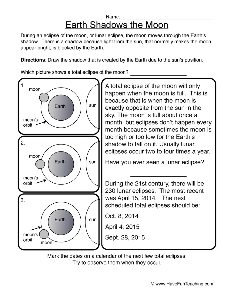 Earth Shadows The Moon Worksheet