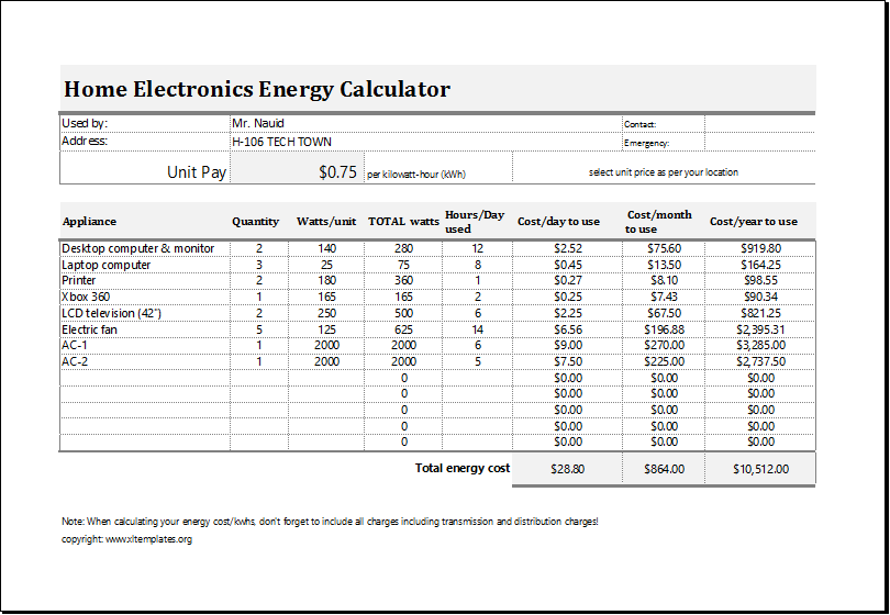 Electric Energy Cost Calculator Template For EXCEL Excel Templates