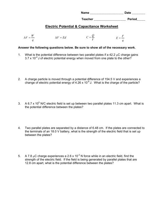 Electric Potential Capacitance Worksheet