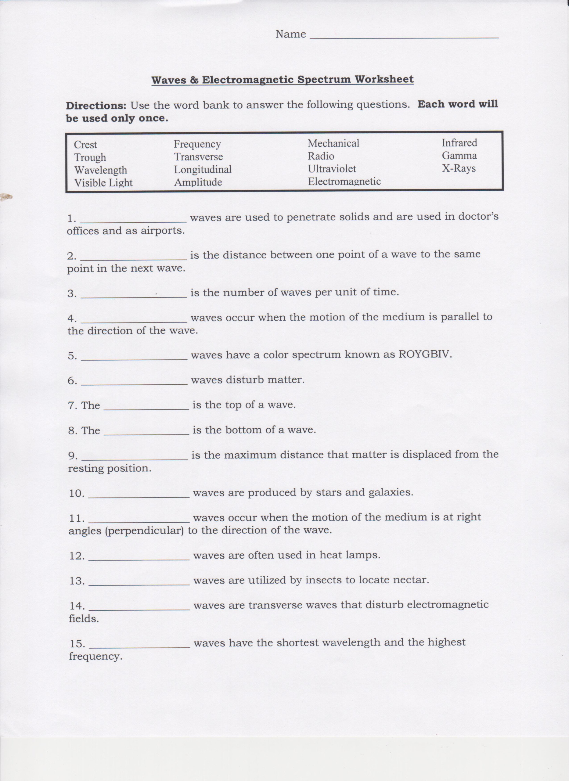 Electromagnetic Spectrum Worksheet 1 Answer Key Thekidsworksheet