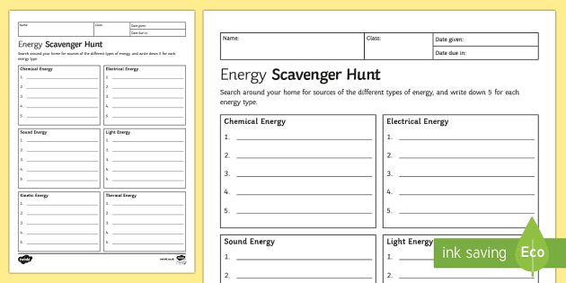 Energy Scavenger Hunt Homework Activity Sheet Homework Energy 