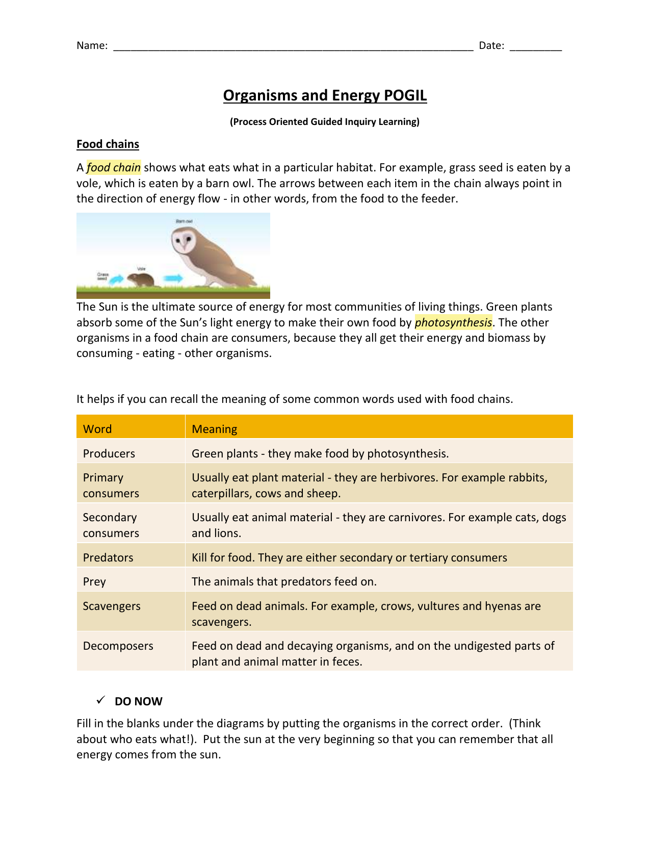 Energy Transfer Worksheet