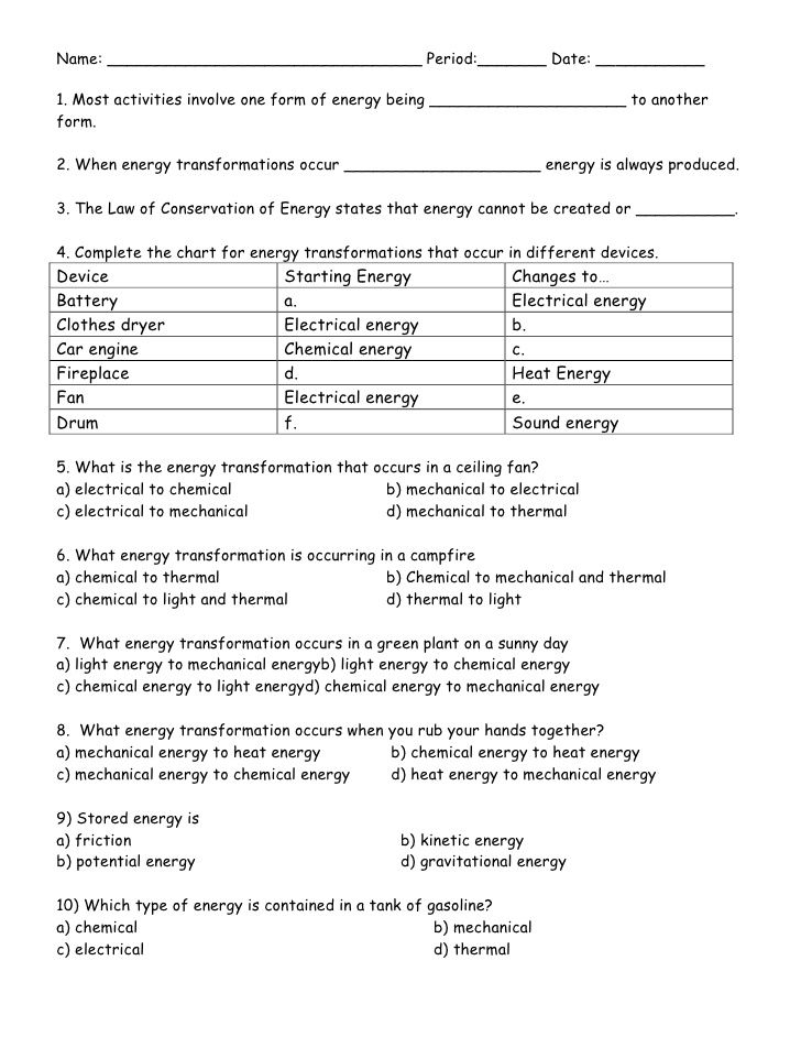 Energy Transformations Word Problem Worksheets Energy Worksheet