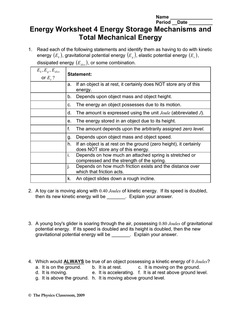 Energy Worksheet 4 Energy Storage Mechanisms And Total Mechanical Energy