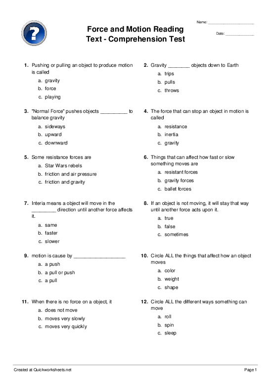 Force And Motion Reading Text Comprehension Test Multiple Choice