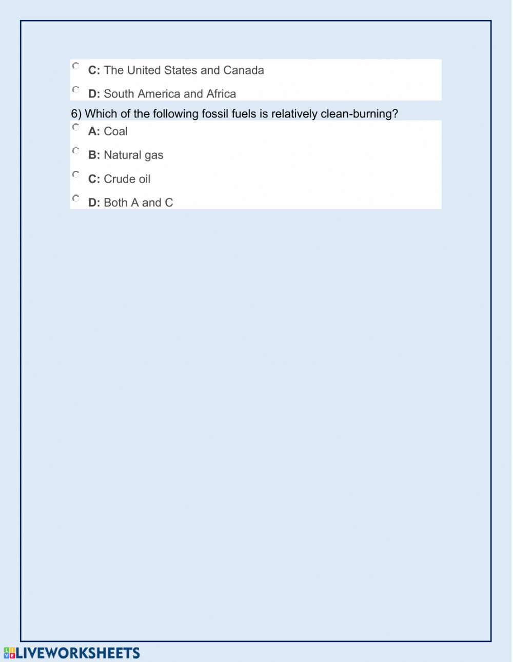 Fossil Fuels Worksheet