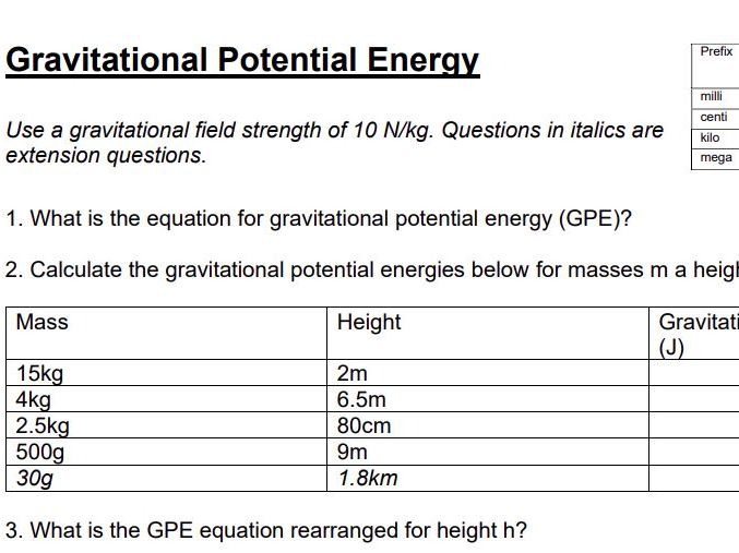 Gravitational Potential Energy Worksheet