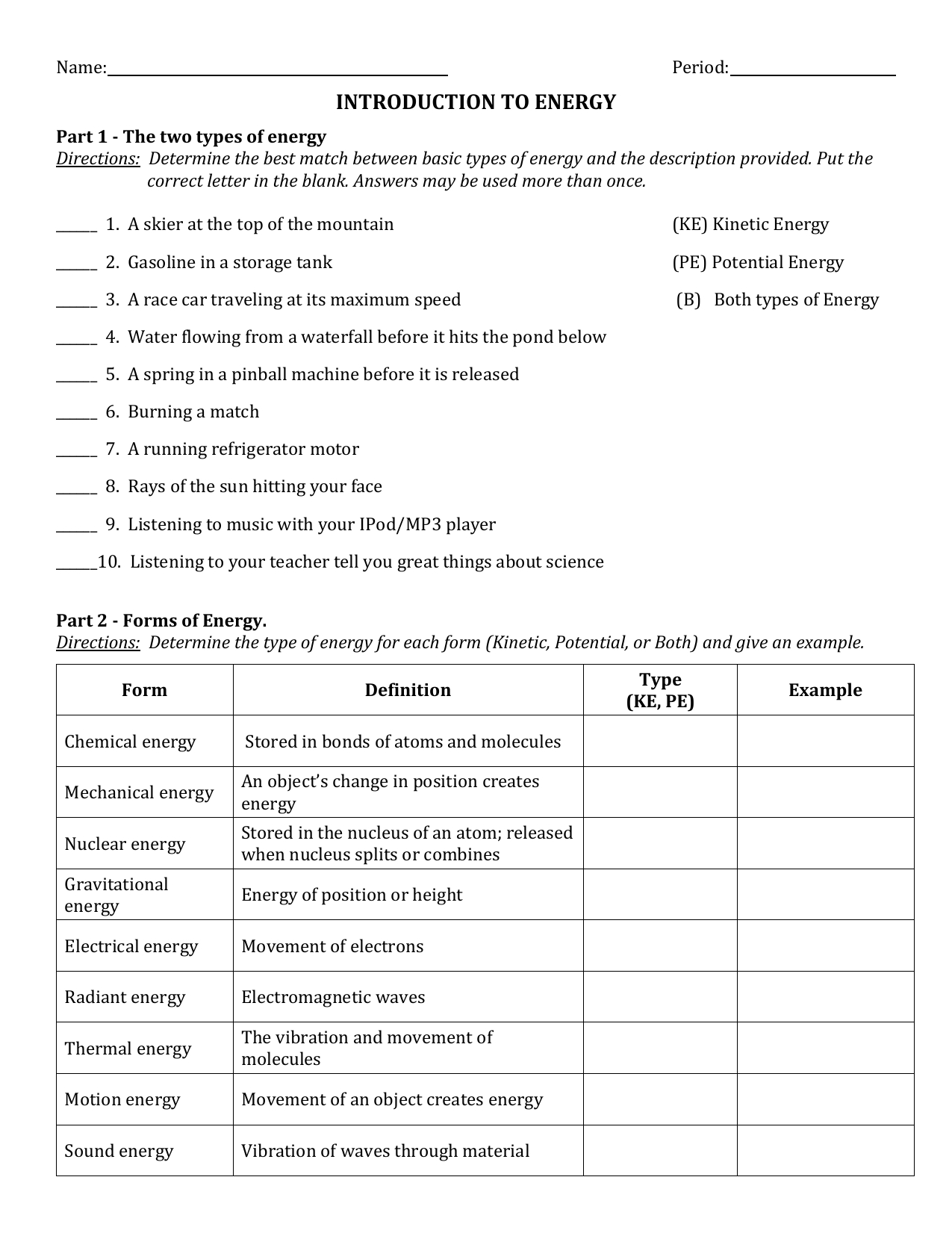 Introduction To Energy Worksheet Db excel