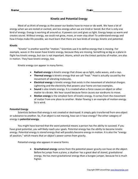 Kinetic And Potential Energy Worksheet Answer Key Physics Worksheet