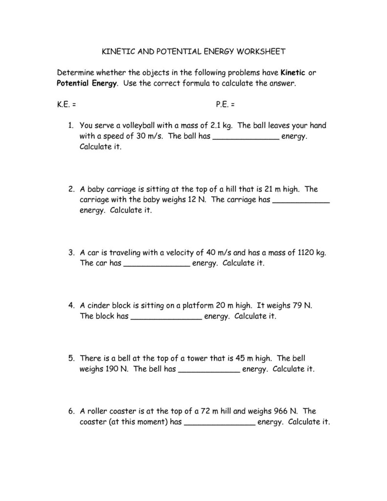 Kinetic And Potential Energy Worksheet Answers