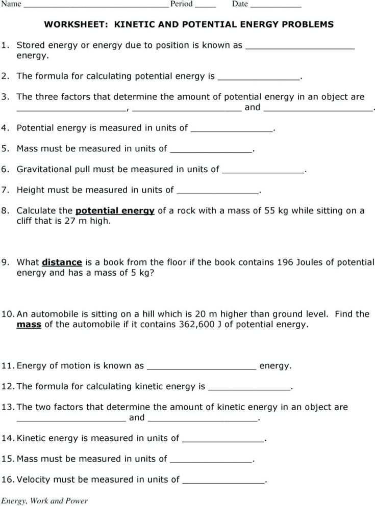 Kinetic Energy Word Problems Answers Potential And Kinetic Energy 