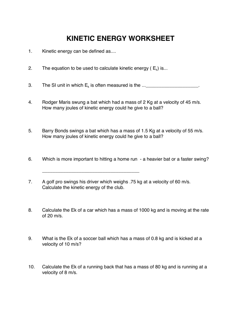 Kinetic Energy Worksheet