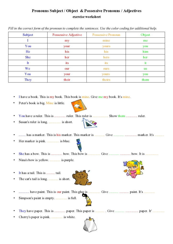 Possessive Pronouns Adjectives Exercise Worksheet Worksheets Samples